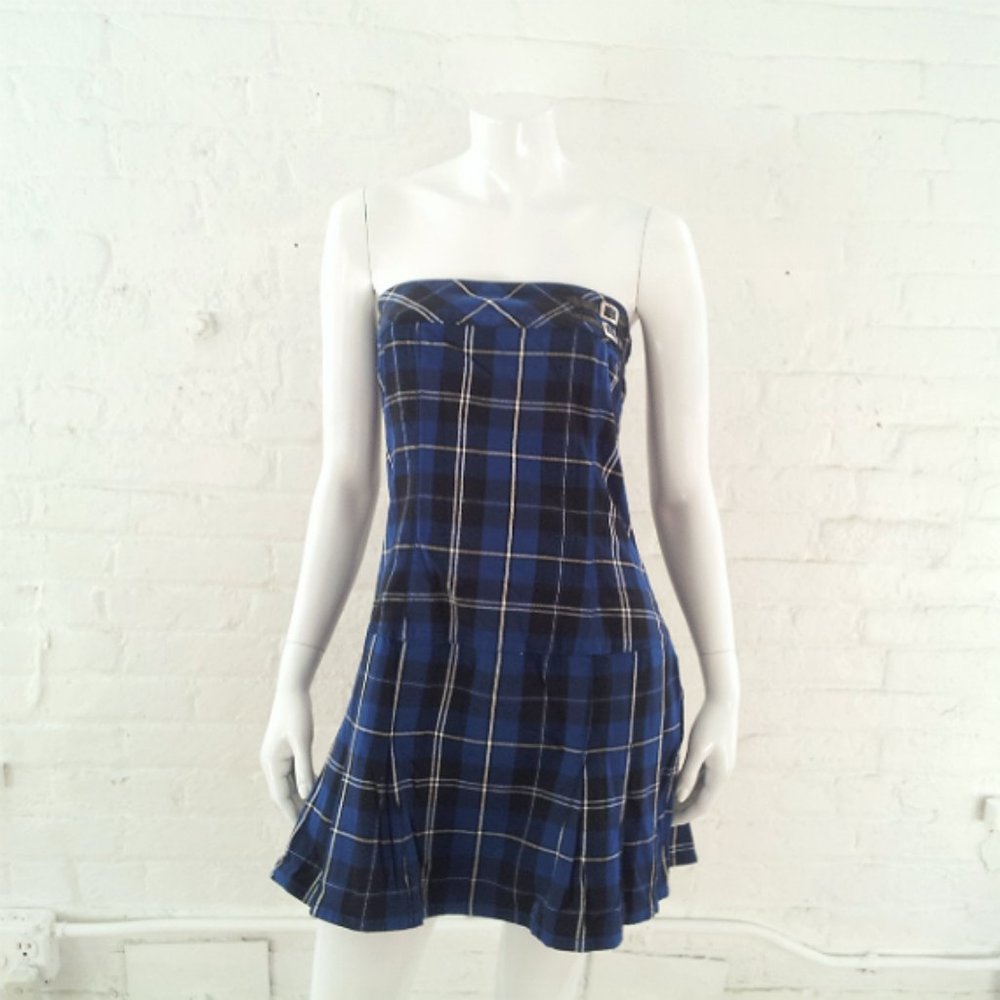 Y2K Blue Plaid Strapless Mini Dress